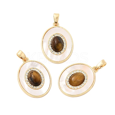 Natural Tiger Eye with Natural White Shell Pendants KK-G553-14G-1