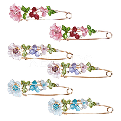 6Pcs 3 Styles Flower Alloy Rhinestone Safety Pin Brooches for Backpack Clothes JEWB-FH0002-57-1