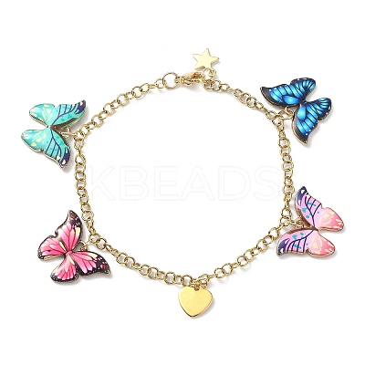 Enamel Butterfly & Alloy Heart Charm Bracelet with Ion Plating(IP) 304 Stainless Steel Chains BJEW-JB09558-1
