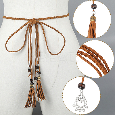 3Pcs 3 Colors Bohemian Imitation Leather Braided Tassel Wrap Chain Belts AJEW-GF0011-98-1