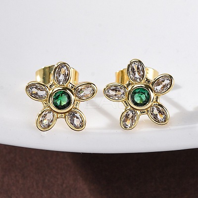 Flower Brass Micro Pave Cubic Zirconia Stud Earrings EJEW-Z087-01G-1