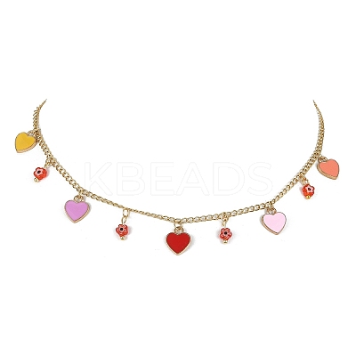 Alloy Heart & Millefiori Glass Flower Bib Necklace with Ion Plating(IP) Handmade 304 Stainless Steel Chains NJEW-JN04403-1