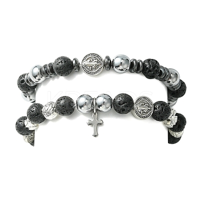 2Pcs 2 Style Natural Lava Rock & Alloy Saint Benedict Medal Beaded Stretch Bracelets Set BJEW-JB09635-1