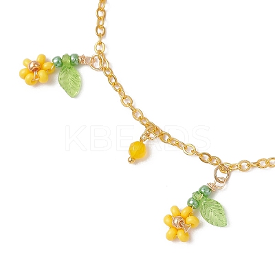 Faceted Round Natural Howlite & Glass Seed Beaded Flower Tassel Brass Cable Chain Anklets for Women AJEW-MZ00007-01-1