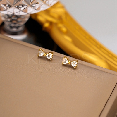 Bowknot 304 Stainless Steel Clear Cubic Zirconia Stud Earrings LS-EJEW-G448-01G-1