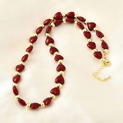 Brass & ABS Imitation Pearl Heart and Round Beaded Necklaces for Women NJEW-D314-11C-G-1