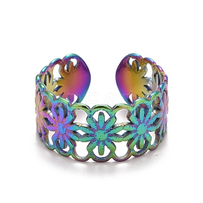 Rainbow Color Ion Plating(IP) 304 Stainless Steel Sunflower Open Cuff Ring for Women RJEW-A005-42MC-1