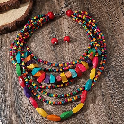 Bohemian Style Wood Beaded Multilayer Necklaces & Dangle Earrings Sets WG33684-01-1