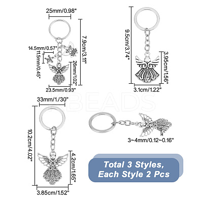 6Pcs 3 Style Angel Wing Tibetan Style Alloy Pendants Keychain KEYC-PH0001-82-1
