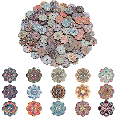 200Pcs Printed Wood Buttons WOOD-GF0002-31-1