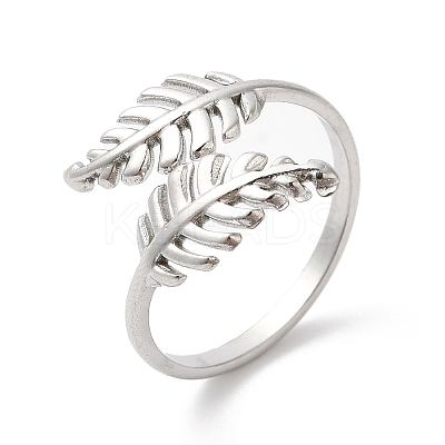 Non-Tarnish 304 Stainless Steel Leaf Open Cuff Ring for Women RJEW-K245-40P-1