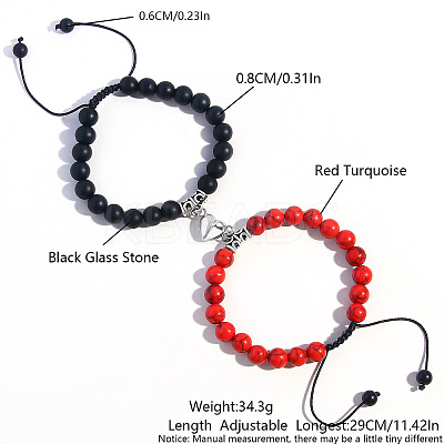 2 Pcs Synthetic Black Stone & Red Turquoise Couple Bracelets with Heart Magnetic Attraction EH4505-1-1