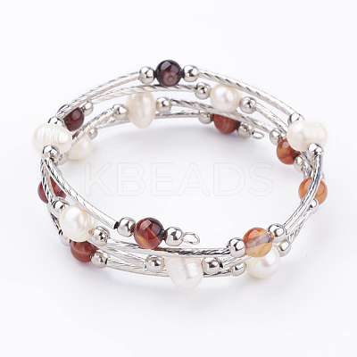 4-Loops Natural Striped Agate/Banded Agate(Dyed) Wrap Bracelets BJEW-JB03356-1