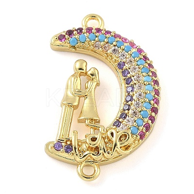 Rack Plating Brass Micro Pave Colorful Cubic Zirconia Moon with Couple Connector Charms KK-A234-083G-1