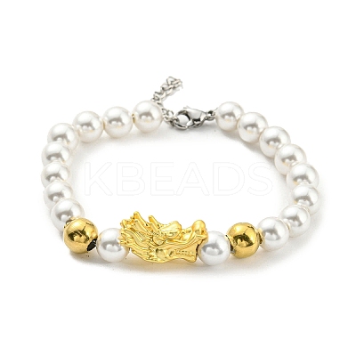 Rack Plating Brass Dragon & Plastic Pearl Beaded Bracelet BJEW-D030-01B-G-1