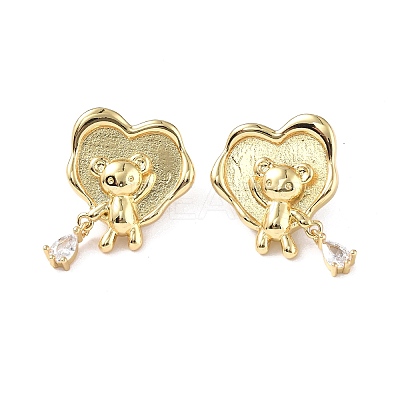 Clear Cubic Zirconia Heart with Bear Dangle Stud Earrings EJEW-P214-17G-1