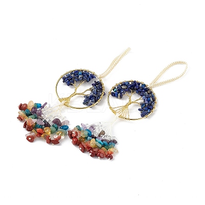 Natural Lapis Lazuli Tree of Life with Mixed Gemstone Chips Tassel Big Pendant Decorations HJEW-H057-03G-A07-1