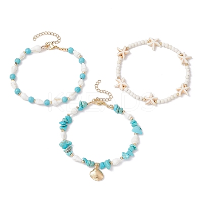 3Pcs 3 Styles Starfish Synthetic Magnesite & Turquoise Beaded Anklets AJEW-TA00030-1