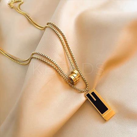 Rectangle & 3 Ring Stainless Steel Pendant Double Layer Necklaces for Women FS-WG0A6F5-01-1