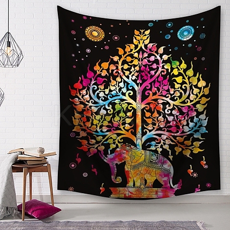 Polyester Tree of Life & Elephant Pattern Wall Hanging Tapestry TREE-PW0003-28B-02-1