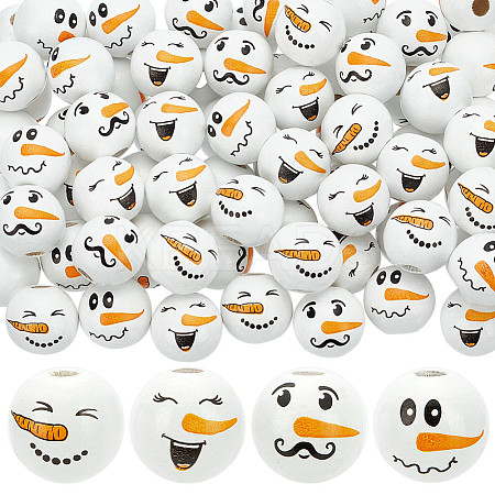 80Pcs 4 Styles Snowman Theme Printed Wood European Beads WOOD-PH0003-04A-1
