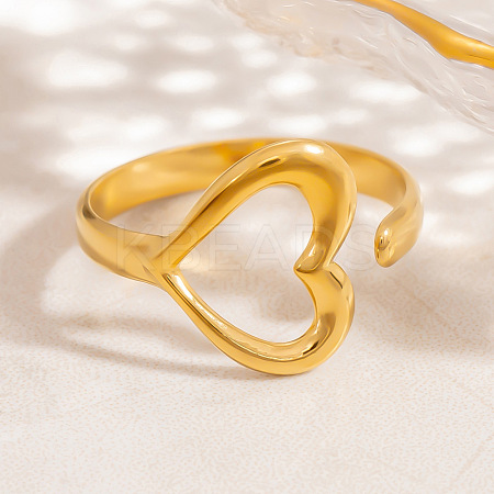 Hollow Heart 304 Stainless Steel Adjustable Open Cuff Rings for Women RJEW-M103-01B-G-1
