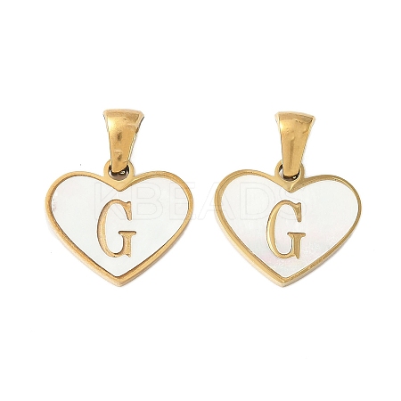 304 Stainless Steel Pave Natural White Shell Heart with Initial Slice Pendants STAS-R168-25G-G-1
