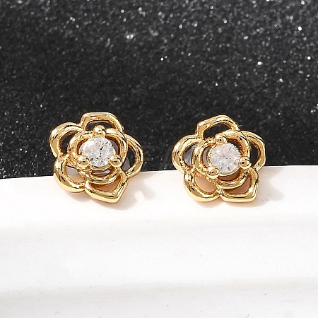 Flower Brass Micro Pave Clear Cubic Zirconia Stud Earrings EJEW-P331-05G-1