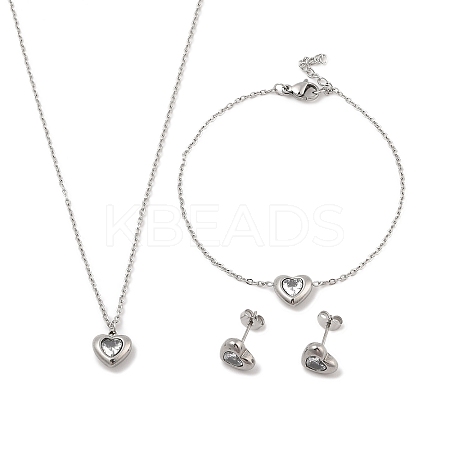 Heart 304 Stainless Steel Micro Pave Cubic Zirconia Pendant Necklaces & Bracelets & Stud Earrings Sets for Women SJEW-C004-13P-01-1