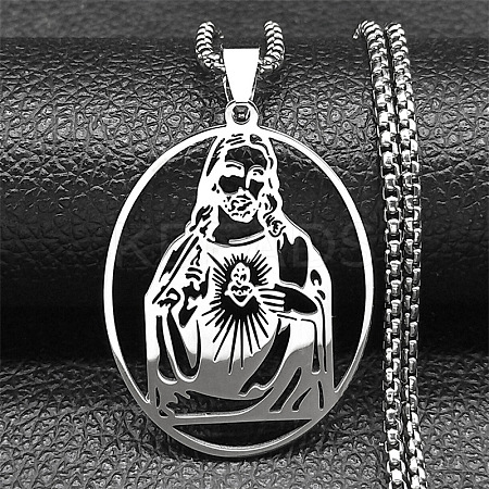 201 Stainless Steel Oval with Hollow Juses Pendant Necklaces LS-NJEW-K283-05P-1