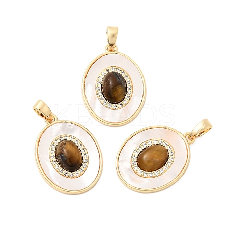 Natural Tiger Eye with Natural White Shell Pendants KK-G553-14G-1
