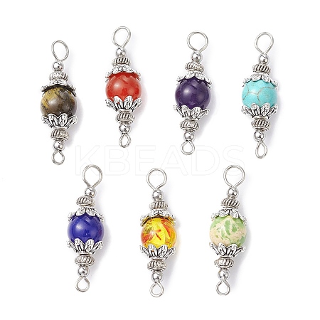 7Pcs 7 Styles Mixed Gemstone Round Connector Charms PALLOY-JF02268-02-1