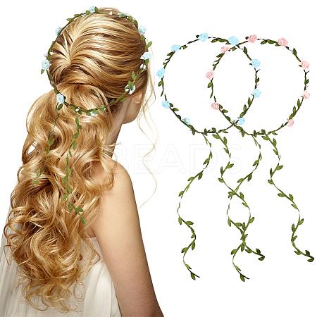 2Pcs 2 Colors Polyester Artificial Rose Garland Headbands Hair Vine AJEW-CP0008-26C-1