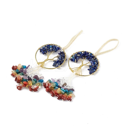 Natural Lapis Lazuli Tree of Life with Mixed Gemstone Chips Tassel Big Pendant Decorations HJEW-H057-03G-A07-1