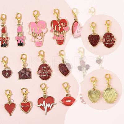 12Pcs 12 Styles Valentine's Day Heart Alloy Enamel Pendant Decorations HJEW-FS00078-01-1