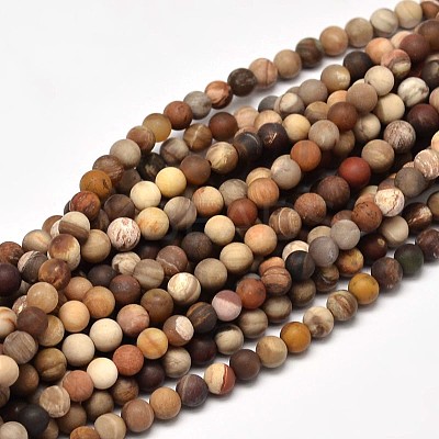 Frosted Natural Petrified Wood Round Bead Strands G-F266-07-6mm-1