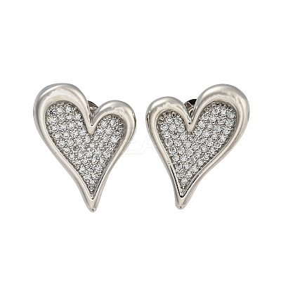 Heart Brass Pave Clear Cubic Zirconia Stud Earrings for Women EJEW-N054-42P-1