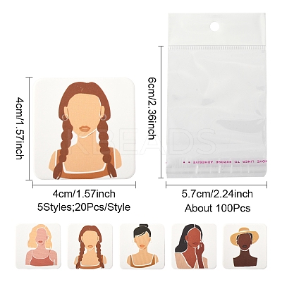 100Pcs 5 Styles Square Girl Print Paper Earring Display Cards CDIS-FS0001-25-1
