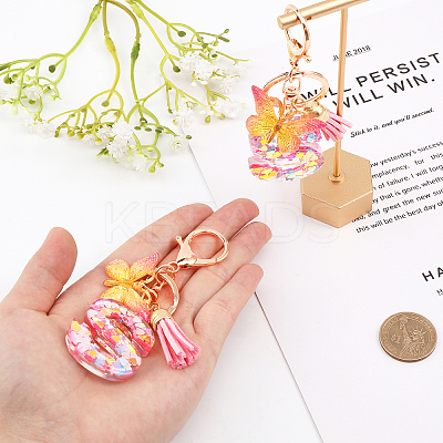 Fashion Alphabet Initial Letter Resin Keychain with Tassel Gradient Butterfly Pendant Key Ring KEYC-WH0027-105A-1