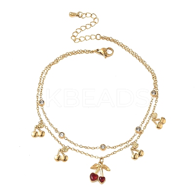 304 Stainless Steel Pave Clear Cubic Zirconia Enamel Charm 2-Strand Anklets for Women AJEW-K054-01A-G-1