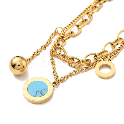 Synthetic Turquoise Flat Round & Ball Charms Double Layered Bracelet BJEW-G646-07G-1
