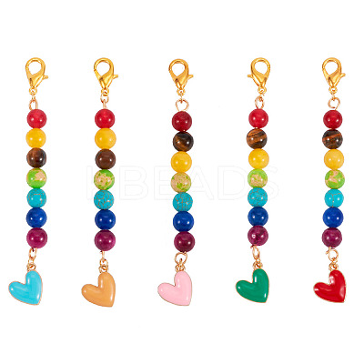 5Pcs 5 Colors Alloy Enamel Heart Pendant Decorations HJEW-TA0001-27-1