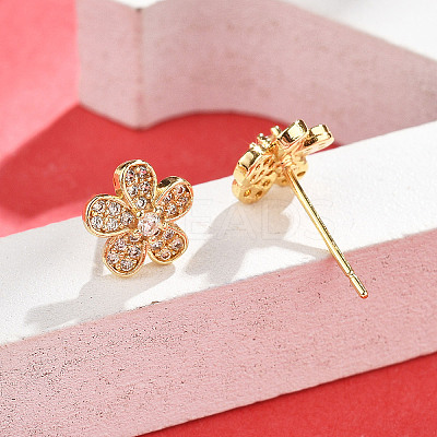 Flower Brass Micro Pave Clear Cubic Zirconia Stud Earrings EJEW-H162-03G-1