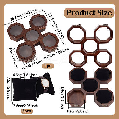 1Pcs 5-Slot Octagonal Acacia Wood Plexiglass Visible Window Watch Organizer Boxes CON-OC0001-72-1