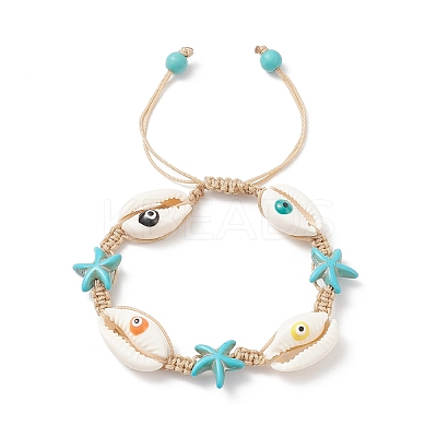 Natural Shell Evil Eye & Synthetic Turquoise(Dyed) Starfish Braided Bead Bracelet BJEW-TA00195-1