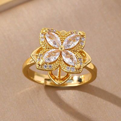 Flower Cubic Zirconia Rotatable Cuff Ring for Calming Worry Meditation RJEW-P025-01A-1