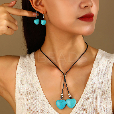Alloy & Synthetic Turquoise & Imitation Leather Cord Pendant Necklaces & Dangle Earrings Sets FS-WG3CE4D-01-1