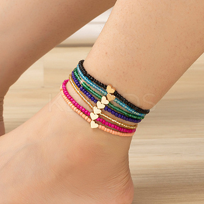 7Pcs Bohemian Style Heart Brass & Glass Seed Beaded Stretch Anklet Sets FS-WG7E51F-03-1