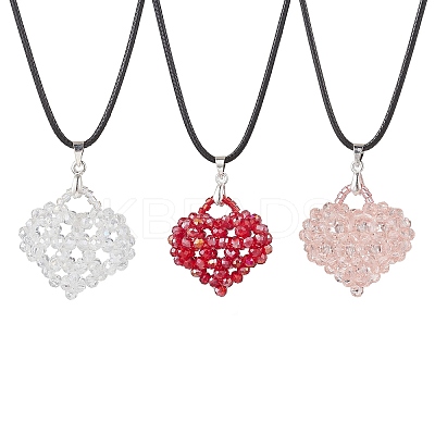 3Pcs 3 Colors Electroplated Glass Beaded Heart Pendant Black Waxed Cotton Cord Necklaces for Women NJEW-MZ00120-1