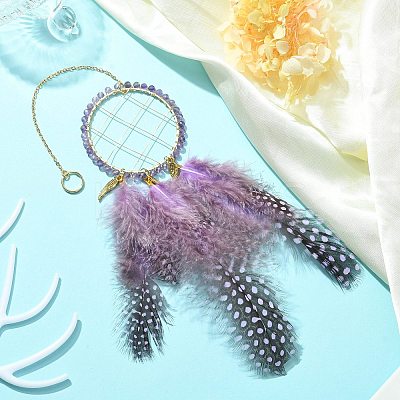 Natural Amethyst Woven Net/Web with Feather Wall Hanging Decoration HJEW-JM01222-01-1